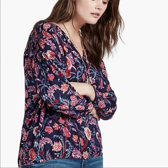 Lucky Brand | Navy Colorful Floral Print Boho Popover Tassels Long Sleeve Top - Picture 1 of 12